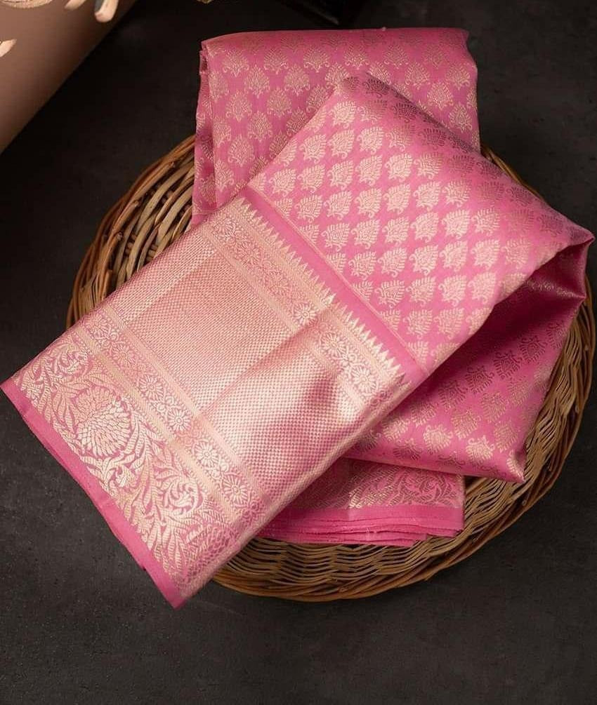 Samika - Pink Soft Silk Saree with Floral Jacquard Zari Border and Blouse Piece