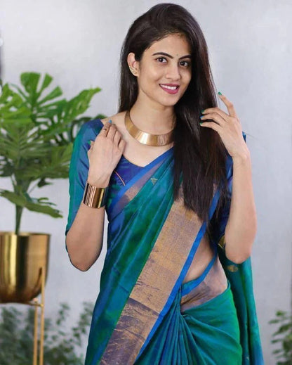 Manya - Rama Soft Silk Saree with Jacquard Weaving and Matching Blouse