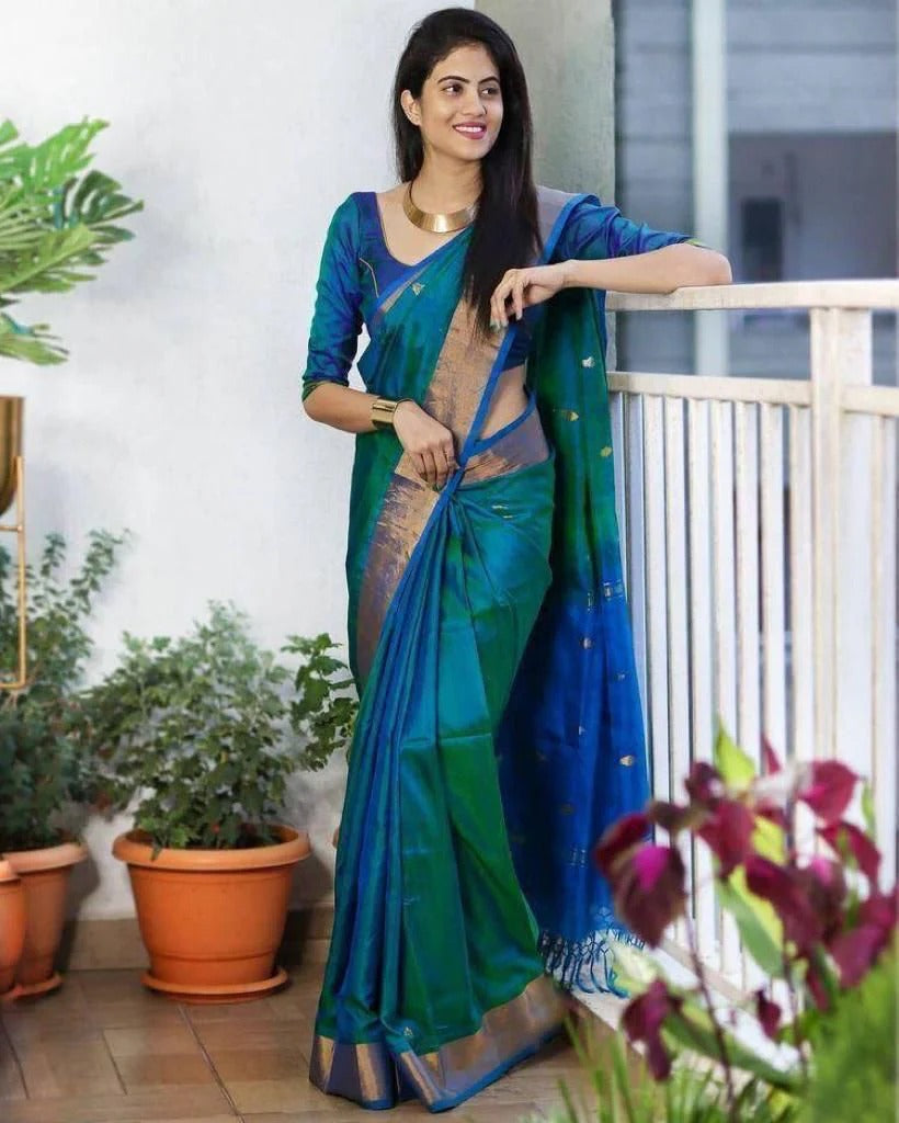 Manya - Rama Soft Silk Saree with Jacquard Weaving and Matching Blouse