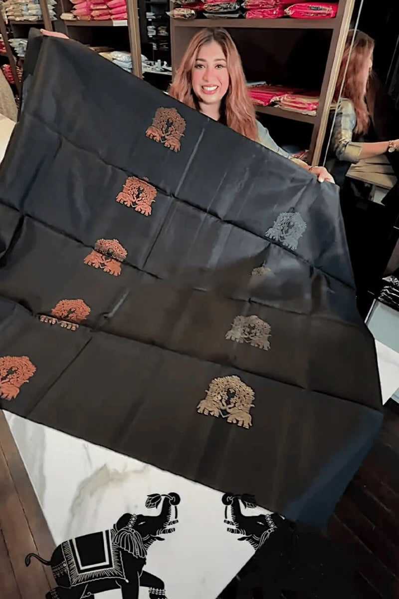 Aastha - Black Soft Silk Saree with Jacquard Woven Motifs