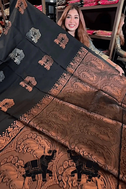Aastha - Black Soft Silk Saree with Jacquard Woven Motifs