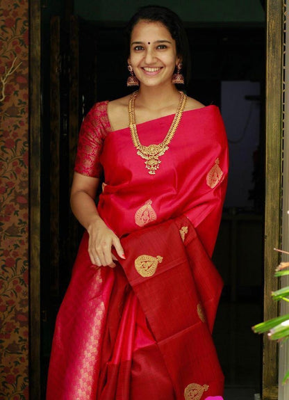 Saanchi - Red Soft Silk Saree with Golden Butta Work and Self-Woven Border
