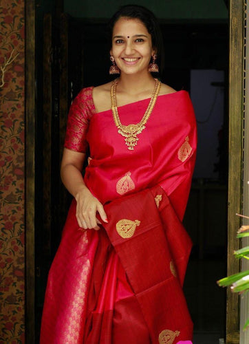 Saanchi - Red Soft Silk Saree with Golden Butta Work and Self-Woven Border