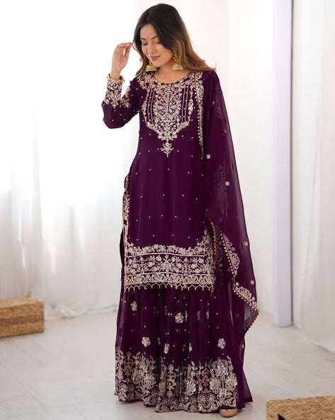 Designer Heavy Embroidered Kurta Sharara Suit Set with Dupatta | 10 Color Options