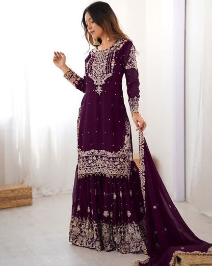 Designer Heavy Embroidered Kurta Sharara Suit Set with Dupatta | 10 Color Options