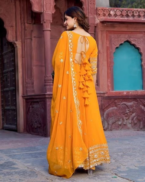 Elegant Georgette Anarkali Suit Set with Heavy Gota Lace Border & Dupatta – 4 Colors