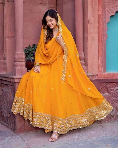 Elegant Georgette Anarkali Suit Set with Heavy Gota Lace Border & Dupatta – 4 Colors