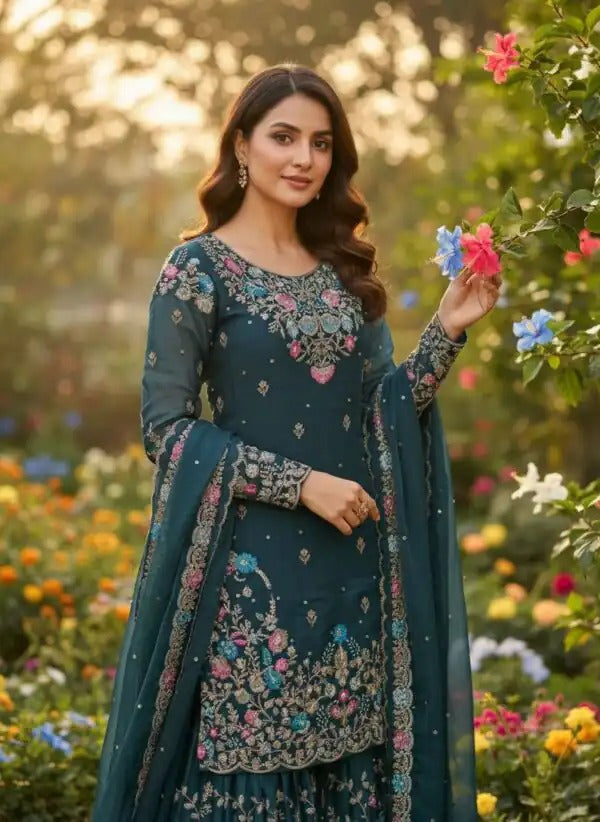 Heavy Embroidered Kurta Sharara Set with Dupatta | 5 Color Options