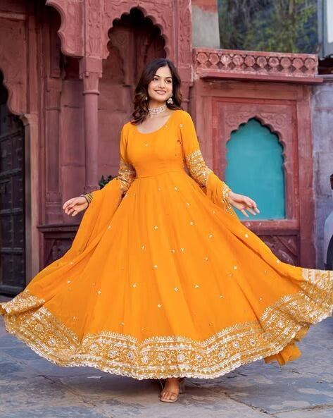 Elegant Georgette Anarkali Suit Set with Heavy Gota Lace Border & Dupatta – 4 Colors