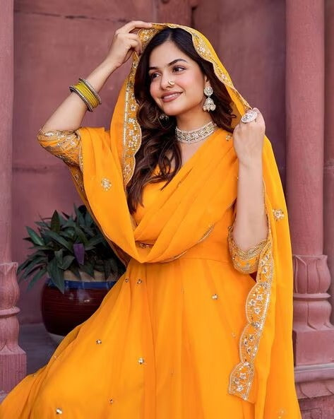 Elegant Georgette Anarkali Suit Set with Heavy Gota Lace Border & Dupatta – 4 Colors