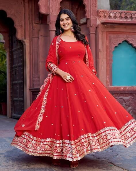 Elegant Georgette Anarkali Suit Set with Heavy Gota Lace Border & Dupatta – 4 Colors
