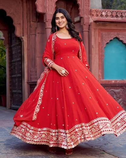 Elegant Georgette Anarkali Suit Set with Heavy Gota Lace Border & Dupatta – 4 Colors