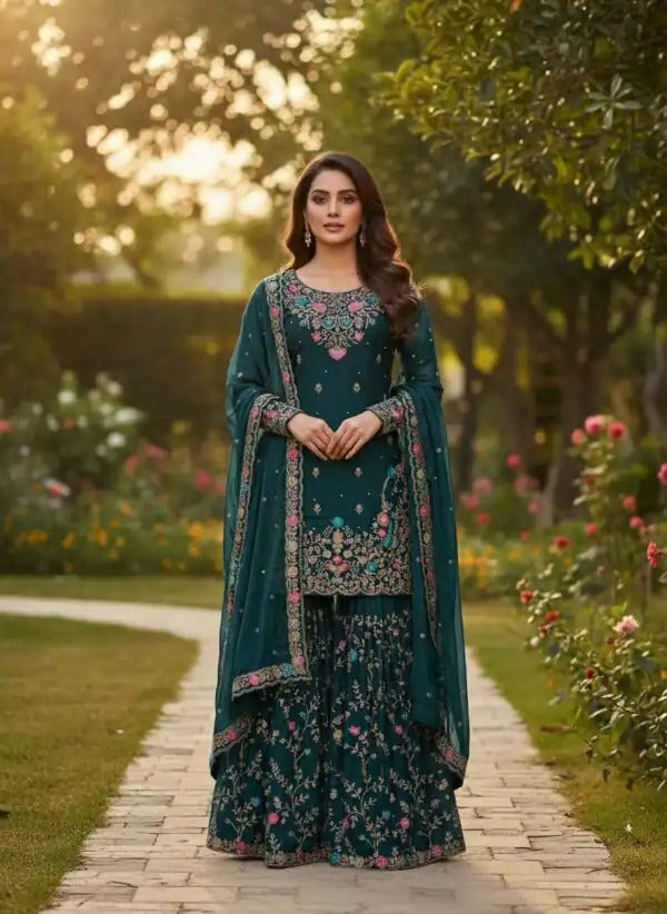Heavy Embroidered Kurta Sharara Set with Dupatta | 5 Color Options