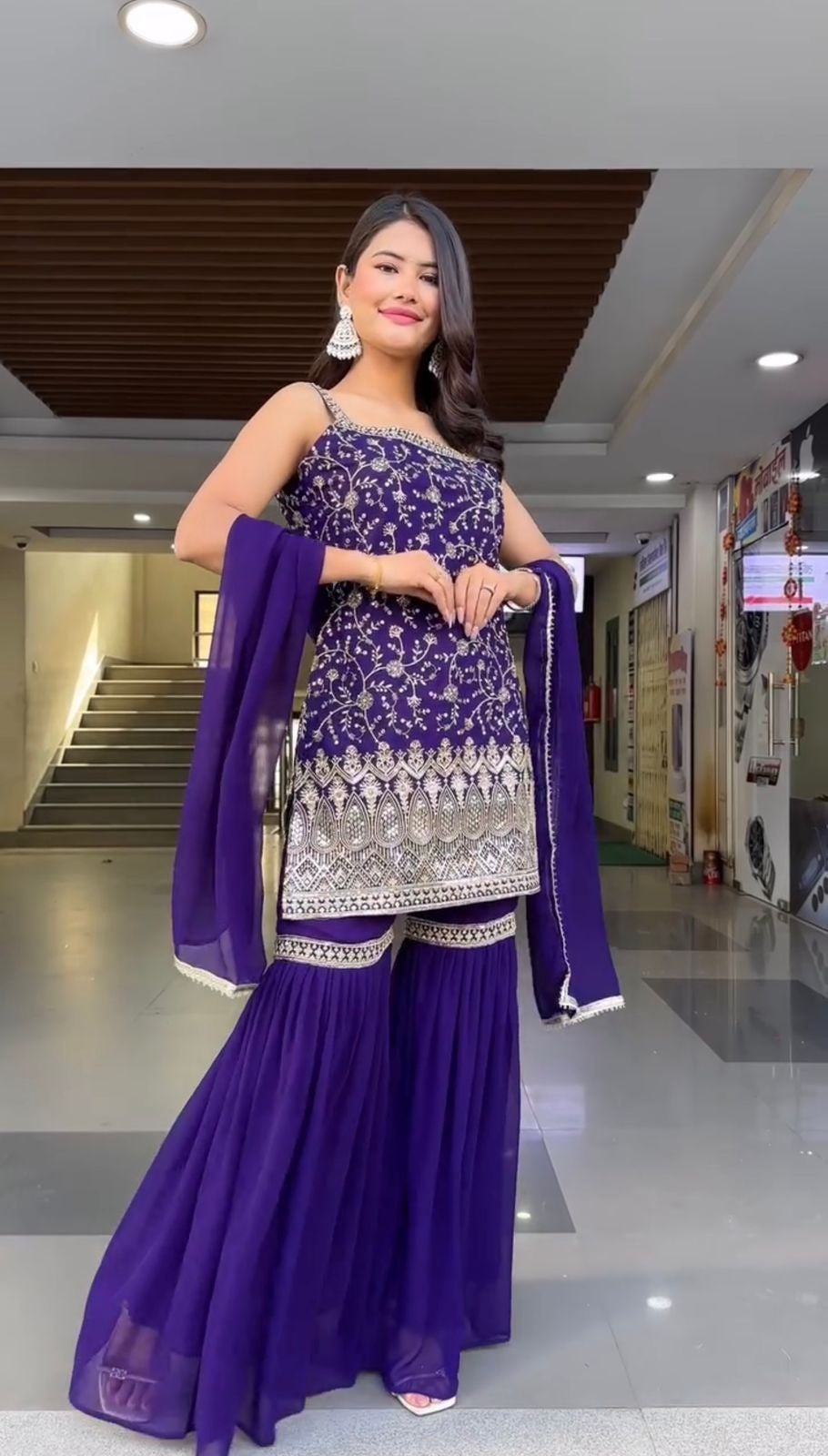 Embroidered Sleeveless Kurti Sharara Set with Dupatta – 2 Color Options (Pink & Purple) | Festive Party Wear for Women