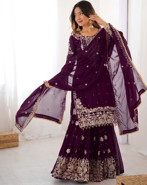 Designer Heavy Embroidered Kurta Sharara Suit Set with Dupatta | 10 Color Options