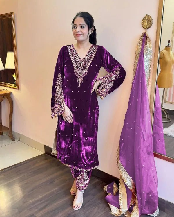 Premium Velvet Embroidered Kurta Pant Set with Dupatta | 3 Color Options