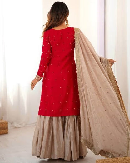 Elegant Embroidered Kurta Sharara Set with Dupatta – Festive Wear (4 Colors)