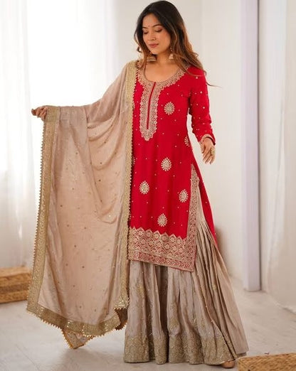 Elegant Embroidered Kurta Sharara Set with Dupatta – Festive Wear (4 Colors)