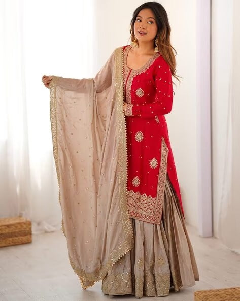 Elegant Embroidered Kurta Sharara Set with Dupatta – Festive Wear (4 Colors)