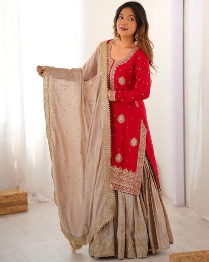 Elegant Embroidered Kurta Sharara Set with Dupatta – Festive Wear (4 Colors)