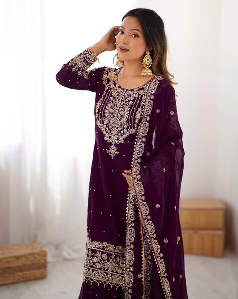 Designer Heavy Embroidered Kurta Sharara Suit Set with Dupatta | 10 Color Options