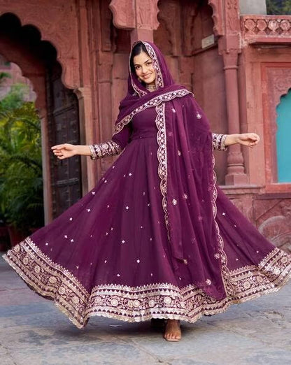 Elegant Georgette Anarkali Suit Set with Heavy Gota Lace Border & Dupatta – 4 Colors