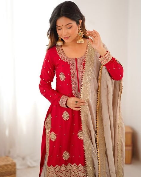 Elegant Embroidered Kurta Sharara Set with Dupatta – Festive Wear (4 Colors)