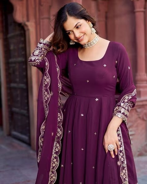Elegant Georgette Anarkali Suit Set with Heavy Gota Lace Border & Dupatta – 4 Colors