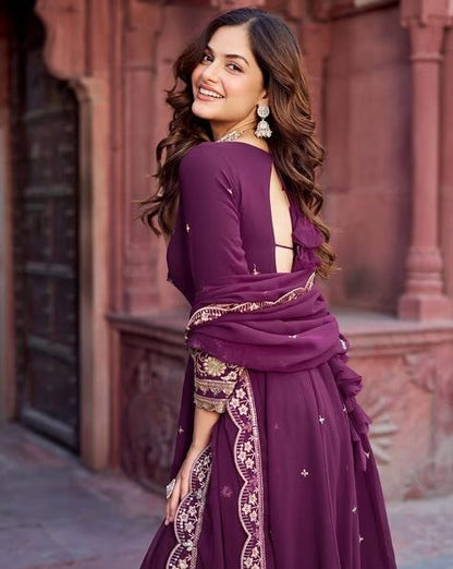 Elegant Georgette Anarkali Suit Set with Heavy Gota Lace Border & Dupatta – 4 Colors