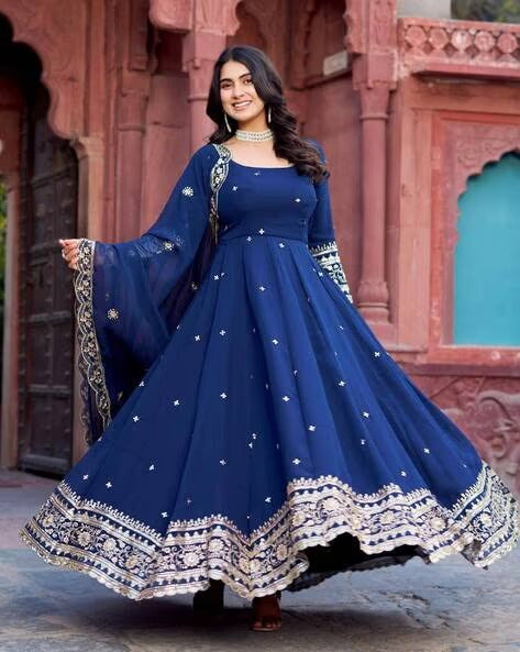 Elegant Georgette Anarkali Suit Set with Heavy Gota Lace Border & Dupatta – 4 Colors