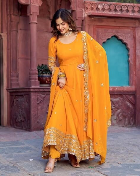 Elegant Georgette Anarkali Suit Set with Heavy Gota Lace Border & Dupatta – 4 Colors