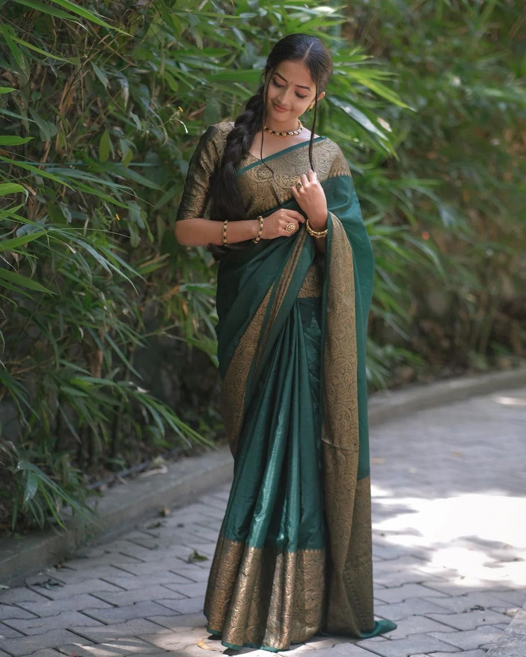 Nayira - Dark Green Soft Silk Saree with Silver Zari Border and Matching Blouse