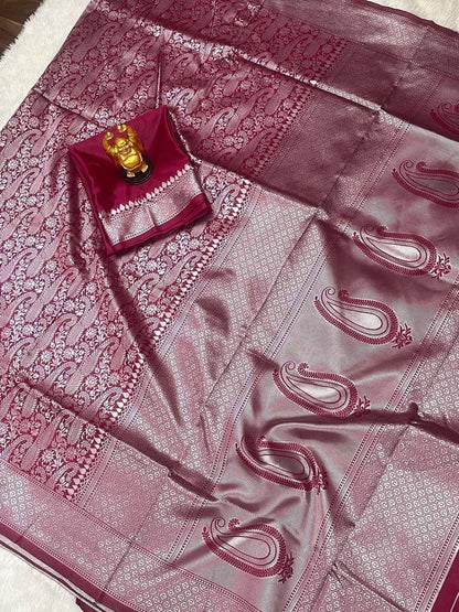 Aashvi - Wine Banarasi Silk Saree with Jacquard Weaving Work
