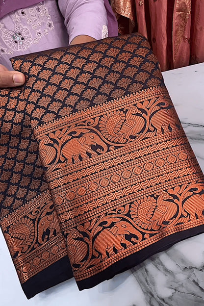 Aastha - Navy Bue Soft Silk Saree with Jacquard Woven Motifs