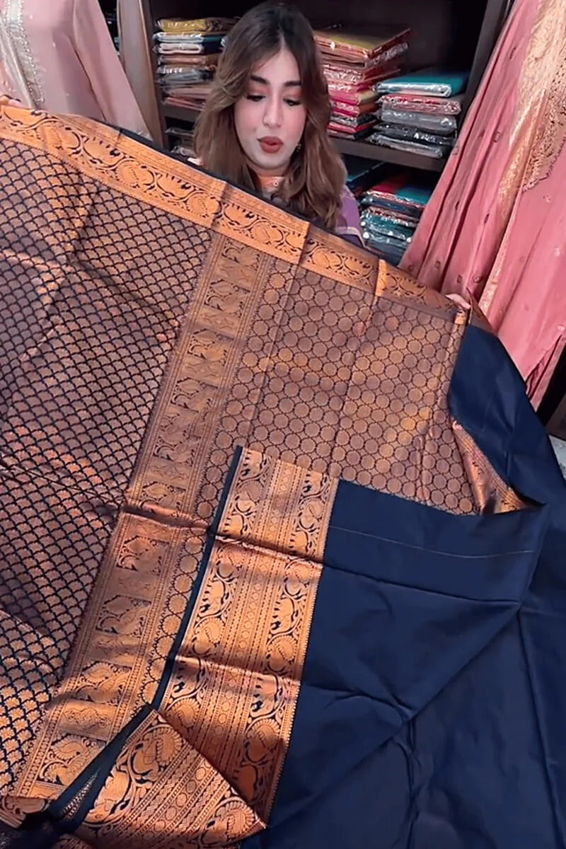 Aastha - Navy Bue Soft Silk Saree with Jacquard Woven Motifs