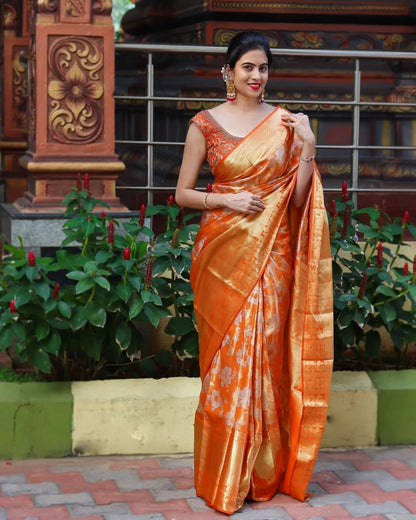 Shravya - Orange Soft Banarasi Silk Saree with Golden Jacquard Weaving