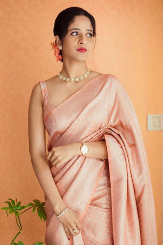 Sundari - Peach Soft Banarasi Silk Saree with Jacquard Work & Matching Blouse