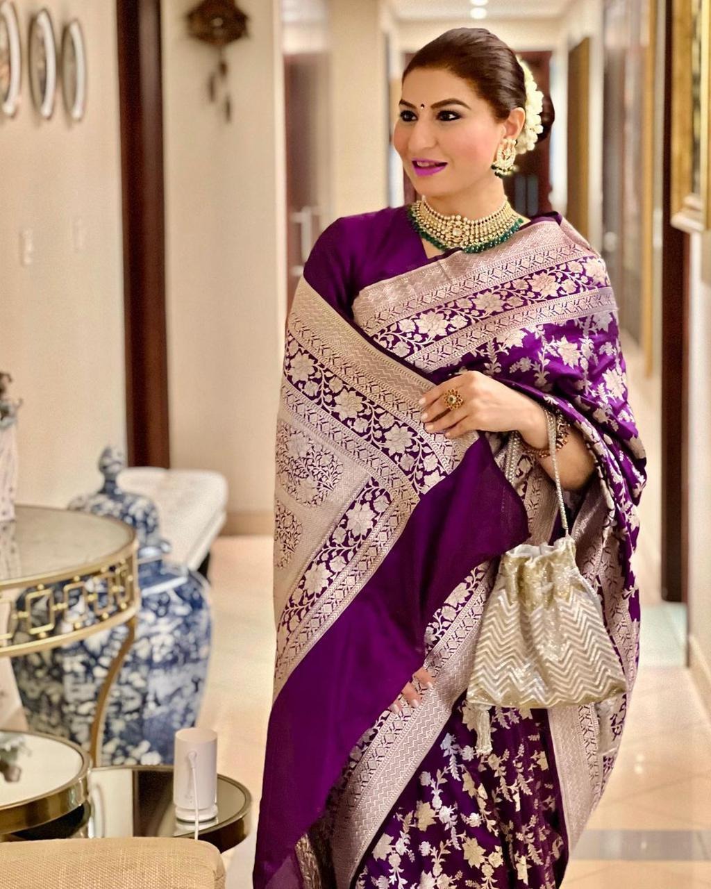 Dipali - Wine Banarasi Silk Saree with Silver Zari Floral Weaving