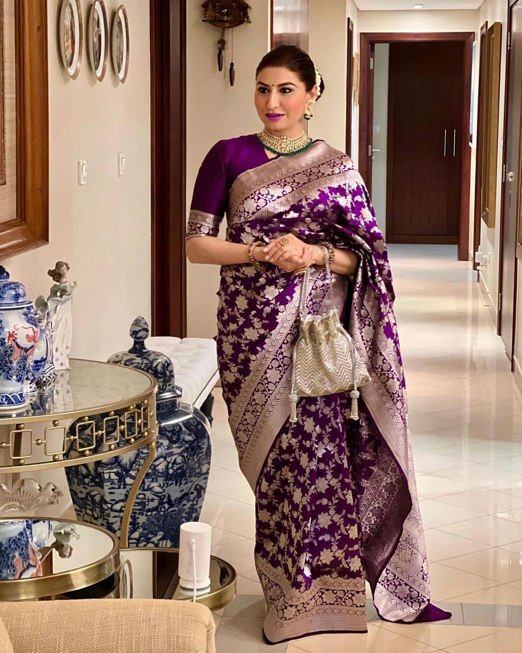Dipali - Wine Banarasi Silk Saree with Silver Zari Floral Weaving