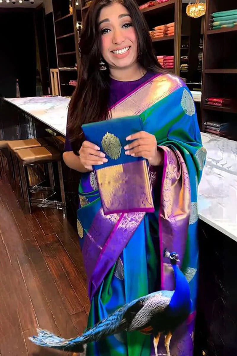 Aastha - Blue Soft Silk Saree with Jacquard Woven Motifs