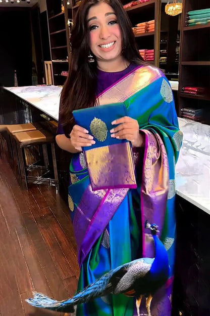 Aastha - Blue Soft Silk Saree with Jacquard Woven Motifs