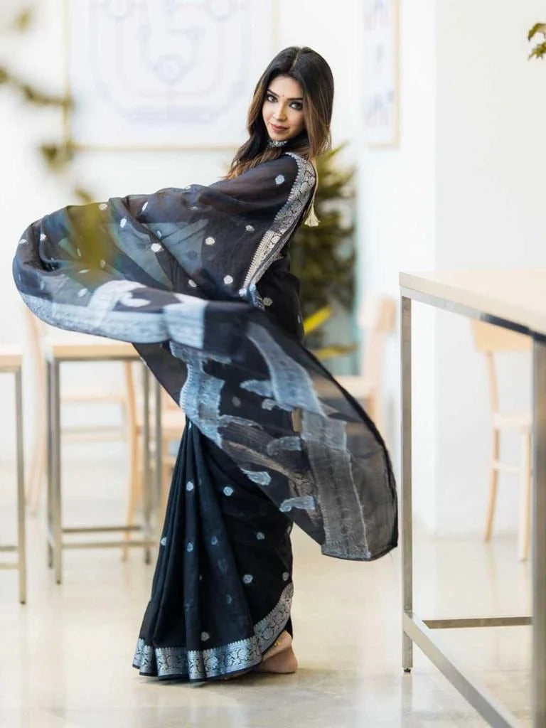 Samaira - Black Soft Silk Saree with Subtle Jacquard and Matching Blouse