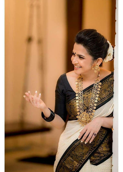 Richa White Banarasi Silk Saree with Black Zari Pallu