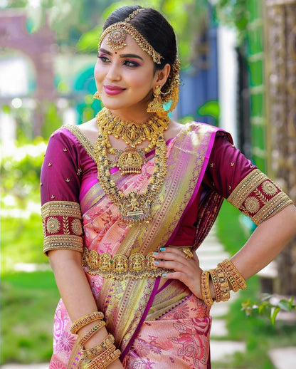 Ishvika - Pink Banarasi Silk Saree with Antique Gold Border and Dark Pink Blouse
