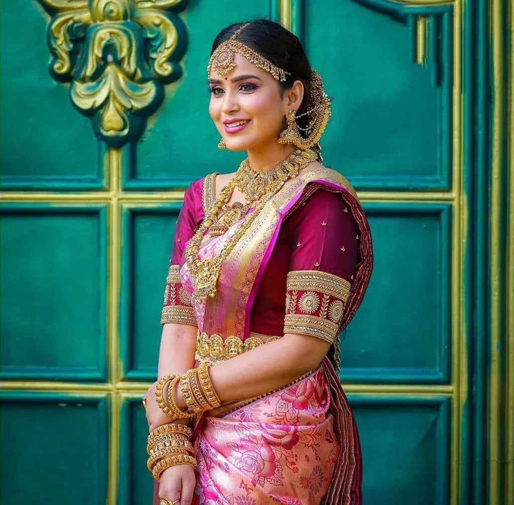Ishvika - Pink Banarasi Silk Saree with Antique Gold Border and Dark Pink Blouse