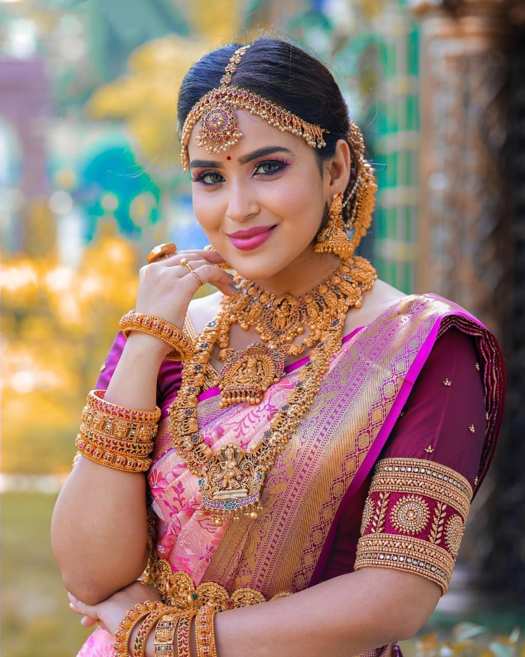Ishvika - Pink Banarasi Silk Saree with Antique Gold Border and Dark Pink Blouse