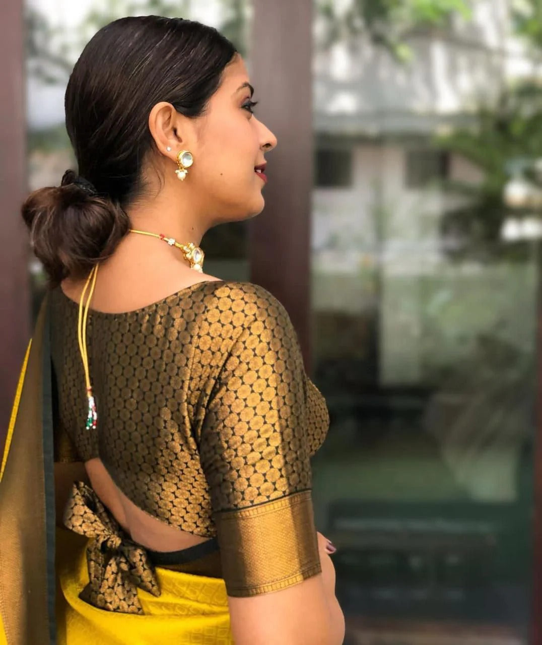 Riya - Yellow Soft Banarasi Silk Saree with Black Jacquard Blouse