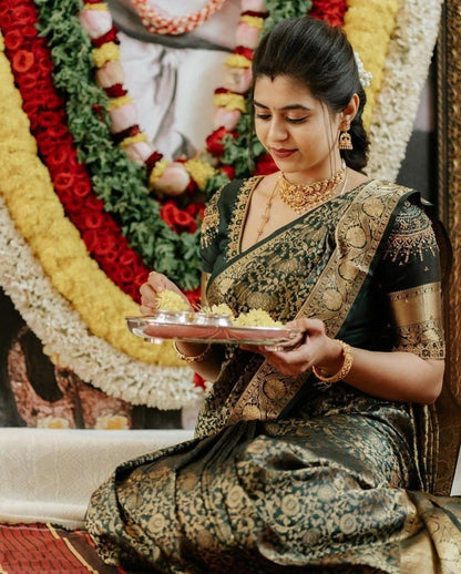 Nivriti - Dark Green Soft Silk Saree with Gold Jacquard Border and Matching Blouse