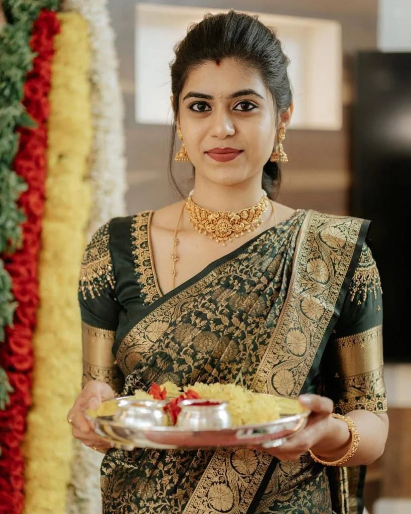 Nivriti - Dark Green Soft Silk Saree with Gold Jacquard Border and Matching Blouse