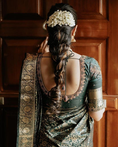 Nivriti - Dark Green Soft Silk Saree with Gold Jacquard Border and Matching Blouse